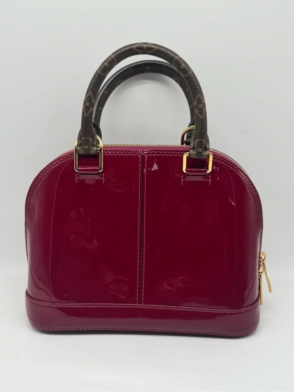 Louis Vuitton Alma BB Vernis Satchel in Deep Cherry with Monogram Strap